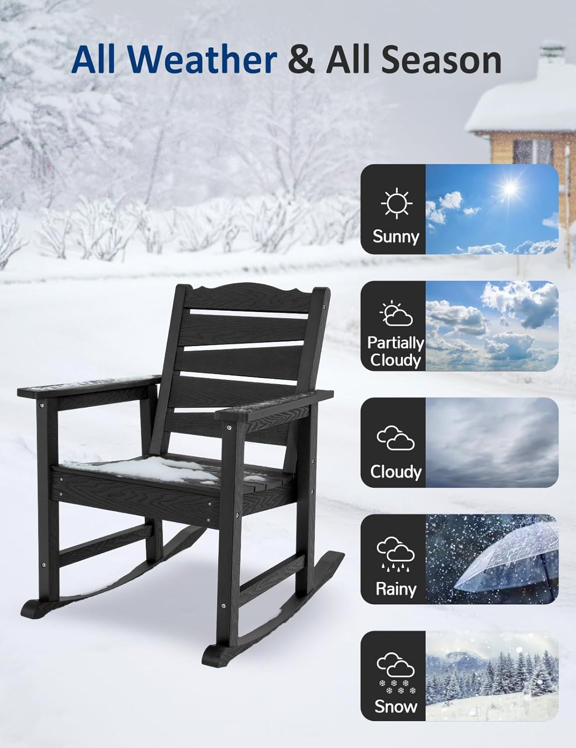 Patio Rocking Chair, Weatherproof HIPS Outdoor Rocking Chair for Adults, 400LBS Support Heavy Duty Porch Rocking Chairs for Garden, Lawn, Backyard, Outdoor and Indoor (Black)