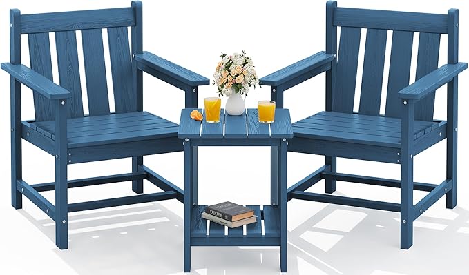 SEWRWALL 3 Pieces Patio Bistro Set, All Weather Adirondack Chair Set with Side Table, HDPE Material Outdoor Patio Furniture Set for Balcony, Porch, Garden, Backyard- Navy