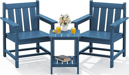SEWRWALL 3 Pieces Patio Bistro Set, All Weather Adirondack Chair Set with Side Table, HDPE Material Outdoor Patio Furniture Set for Balcony, Porch, Garden, Backyard- Navy