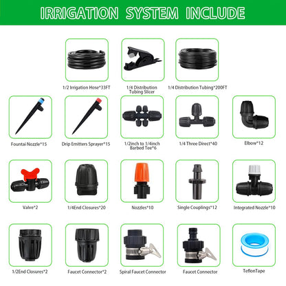 Upgraded Drip Irrigation System, 233FT Automatic Irrigation System, Watering Misting System for Greenhouse/Garden/Yard/Lawn, Micro Drip Irrigation Kit with 1/4 inch 1/2 inch Irrigation Tubing