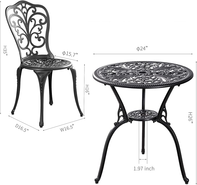 Patio Bistro Set 3 Piece Outdoor,Cast Aluminum Outdoor Bistro Table and Chair Set of 2 with 1.97" Umbrella Hole,All Weather Bistro Table Set for Front Porch Set(Butterfly Black)