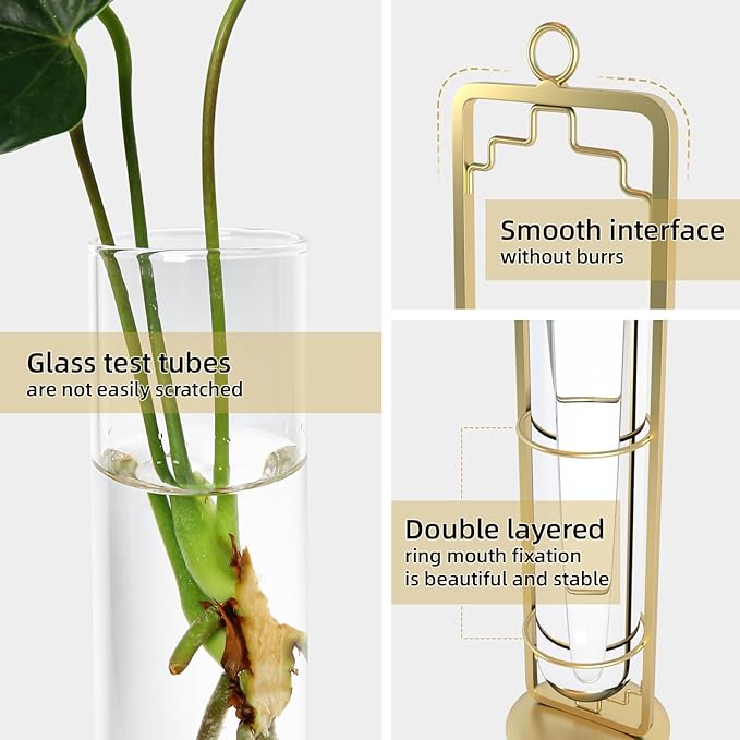 MIPON Plant Propagation Stations,Hanging Glass Propagation Test Tube Vases for Plants with Gold Metal Stand for Hydroponic Cutting Home Garden Office Decor-Gold