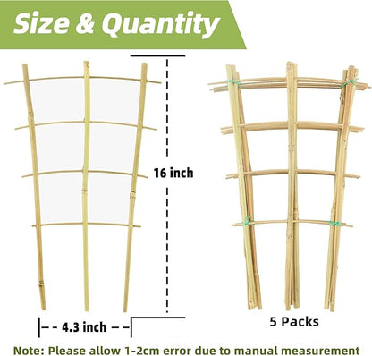 5 Pack 16" Bamboo Trellis for Climbing Plants-Natural Garden Ladder Fan -Shaped Plants Support Trellis for Potted Plant Decor in Door