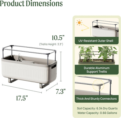 Vego garden Herb Planter Indoor Box with Trellis Self-Watering Raised Garden Bed for Climbing Vegetables Plants Cage - Cream White
