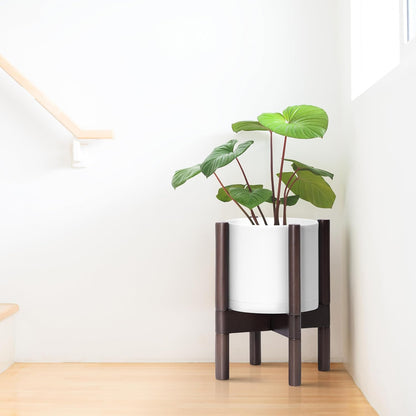 D'vine Dev Planter Pot with Stand - 8 Inch Plastic Cylinder Flower Pot with Wood Planter Holder for Indoor, Matte White Pot + Walnut Color Stand, 55-C-I-1