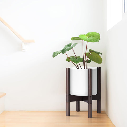 D'vine Dev Planter Pot with Stand - 8 Inch Plastic Cylinder Flower Pot with Wood Planter Holder for Indoor, Matte White Pot + Walnut Color Stand, 55-C-I-1