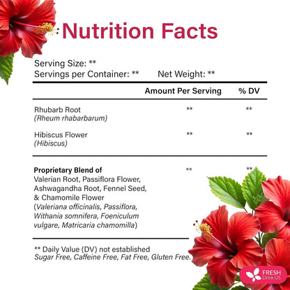 FreshDrinkUS, 40 Tea Bags - Menopause Support Herbal Tea – Soothing Blend with Rhubarb, Hibiscus, Valerian, Passiflora, Ashwagandha, Fennel & Chamomile, Caffeine-Free, Vegan, Non-GMO