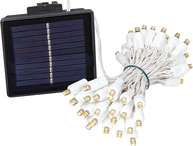 Novelty Lights 50 Light Solar Powered LED Outdoor Mini Light String, 12.5 Feet on White Wire, Warm White 5mm Bulbs, Automatic Dusk to Dawn Operation
