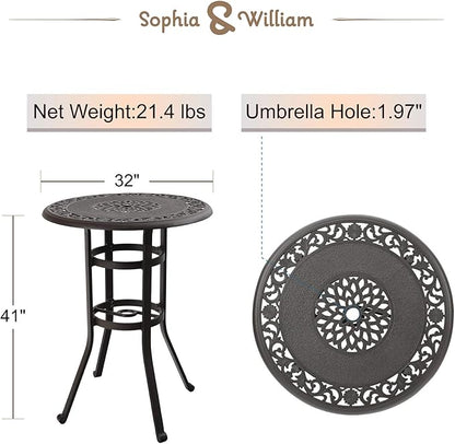 Sophia & William Cast Aluminium Patio Bar Height Table Round with 1.97" Umbrella Hole, Premium Bronze Outdoor Tall Pub Height Bistro Table for Porch Balcony Backyard, 32" Dia x 41" H