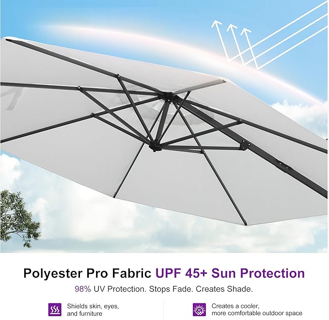PURPLE LEAF 10 Feet Patio Umbrella Outdoor Cantilever Round Umbrella Aluminum Offset Umbrella with 360-degree Rotation for Garden Deck Pool Patio White