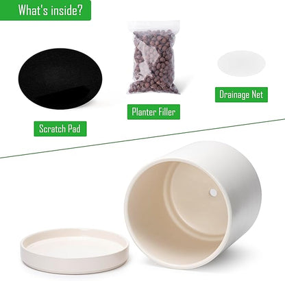 D'vine Dev 12 Inch Ceramic Planter Pot with Drainage Hole and Saucer, Indoor Cylinder Round Planter Pot, Oatmeal, 94-O-F-8