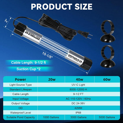 20W Pond UV Light, Waterproof Aquarium UV Light for 100-1000 Gallon, UV Pond Water Purifier for Koi Pond Algae Control in Koi Ponds, Cold Pools, Aquariums, Swimming Pools, Spas and Fish Tanks