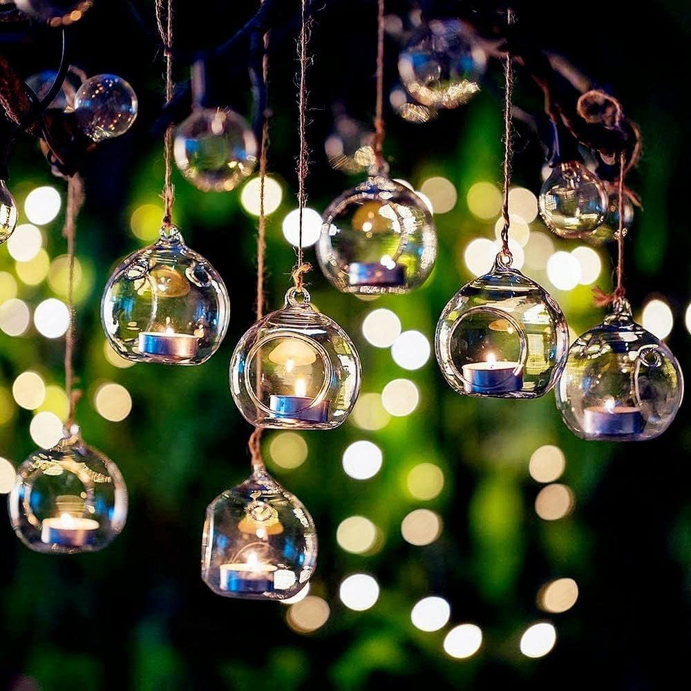 18 Pcs Clear Hanging Glass Candle Holder Decorative Hanging Chandeliers, 3.15"/8cm Led Light Candleholders Mini Home Decor Planters, Small Plant Terrarium Globes for Garden Wedding Party Decoration