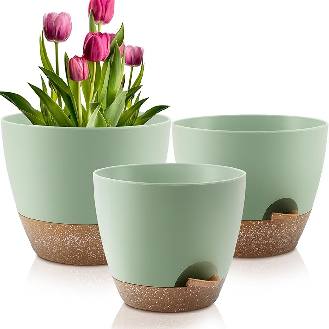Plant Pots 12/10/9 Inch Self Watering Pots, Set of 3 Plastic Planters with Drainage Holes and Saucers,Plastic Flower Pots,Nursery Planting Pot for Indoor Out Door Plants(Green)