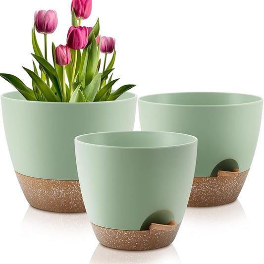 Plant Pots 12/10/9 Inch Self Watering Pots, Set of 3 Plastic Planters with Drainage Holes and Saucers,Plastic Flower Pots,Nursery Planting Pot for Indoor Out Door Plants(Green)