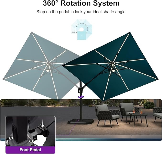 PURPLE LEAF 10 Feet Patio Umbrella Outdoor Cantilever Solar Powered LED Swivel Square Umbrella Aluminum Offset Umbrella with 360-degree Rotation for Garden Deck Pool Patio, Turquoise Blue