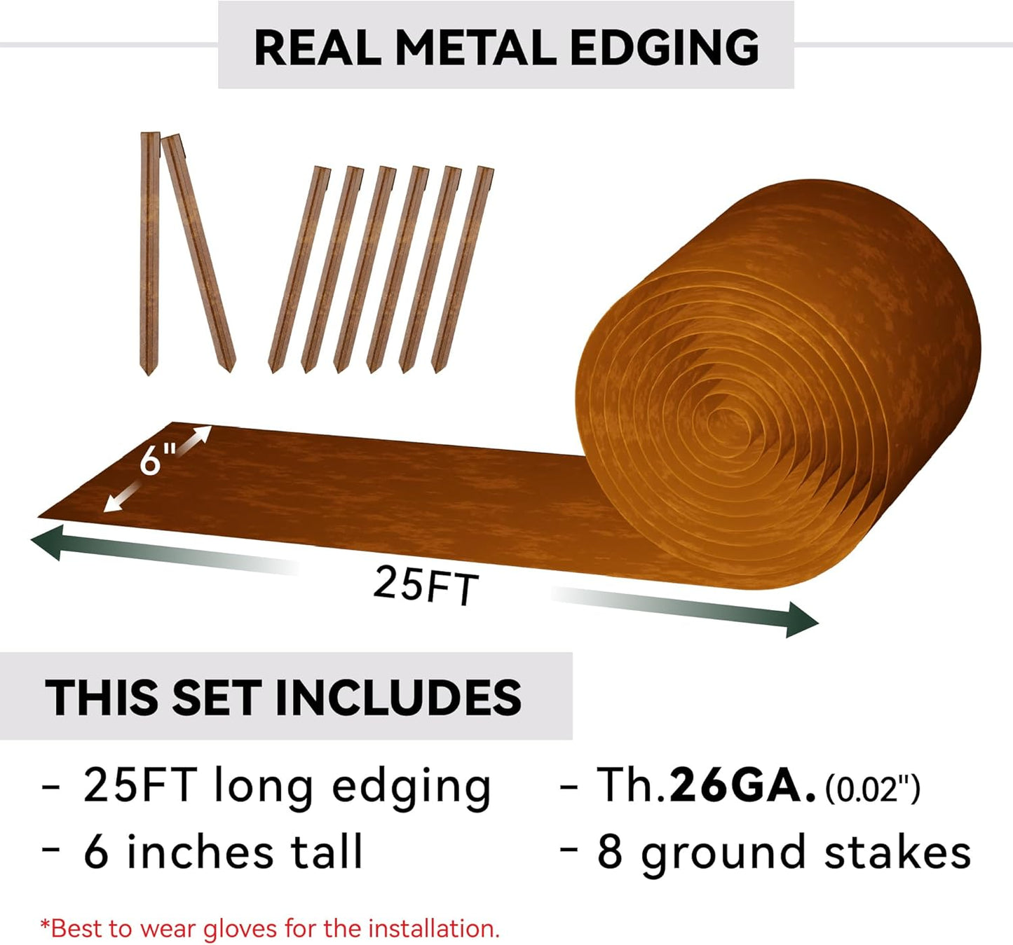 Metal Garden Landscape Edging with 8Pcs Stakes, 6" x 25Ft Galvanized Steel Lawn Edgings Roll Flexible Coil Border for Landcaping,Flower Bed,Rusty