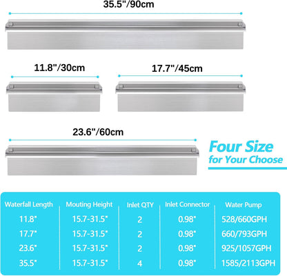 Waterfall Spillway Fountain 304 Stainless Steel Water Pool Fountain with Wider Water Flow Platform,Pool Waterfall for Outdoor Garden and Patio Decorations(35.5 Inch)