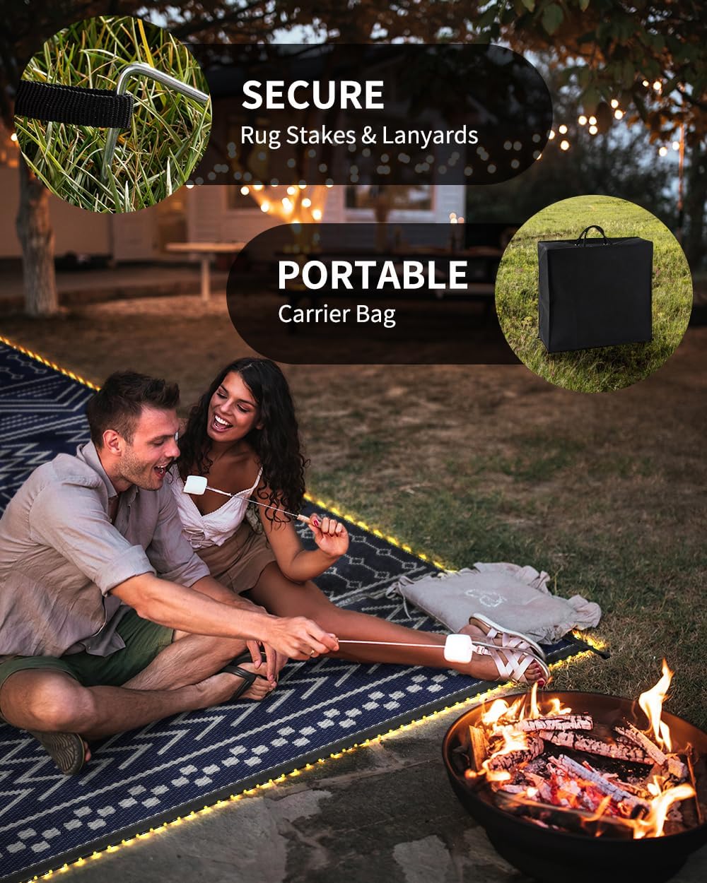 Outdoor Rug Carpet Waterproof 8x10 ft with LED Strip Lights-Patio Rug Mat Indoor Outdoor Rug for RV Camping Picnic Reversible Lightweight Plastic Straw Outside Rug for Patio Decor Decoration Boho Rug