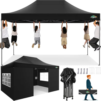 COBIZI 10x15 Heavy Duty Pop up Canopy Tent with 4 sidewalls Commercial Outdoor Canopy Wedding Party Tents for Wedding All Season Wind & Waterproof Gazebo with Carry Bag, Black(Frame Thickened)