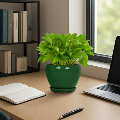 Deep Dream 6 Inch Plant Pots- Ceramic Planter Pot with Drainage Hole and Saucer, Round Flower Pot for Indoor Outdoor Succulent, Snake Plants and Cactus, Green