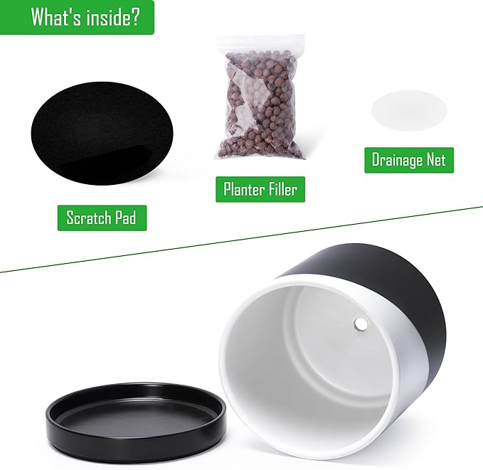 D'vine Dev 10 Inch Ceramic Planter Pot with Drainage Hole and Saucer, Indoor Cylinder Round Planter Pot, Oblique Monochrome Black and White, 94-O-E-K