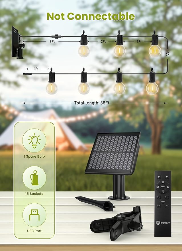 Brightown Solar String Lights Outdoor Waterproof with Remote Cable Ties and Hooks, 38FT Patio Lights with 15 LED Shatterproof Bulbs, 3 Light Modes, Dimmable Hanging Lights for Backyard Party Decor