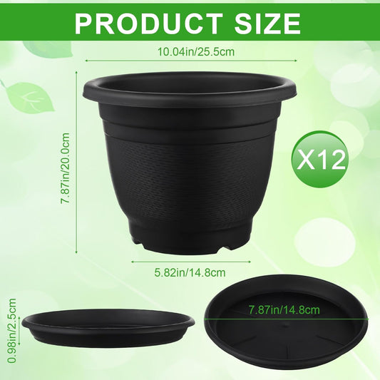 12 Pack 10'' Plastic Plant Pots Round Planter Pots with Saucer Tray Seedling Pot Hole Seed Resin Plant Pot Starting Nursery Flower Container with Pallet for Garden Outdoor Indoor(Black)