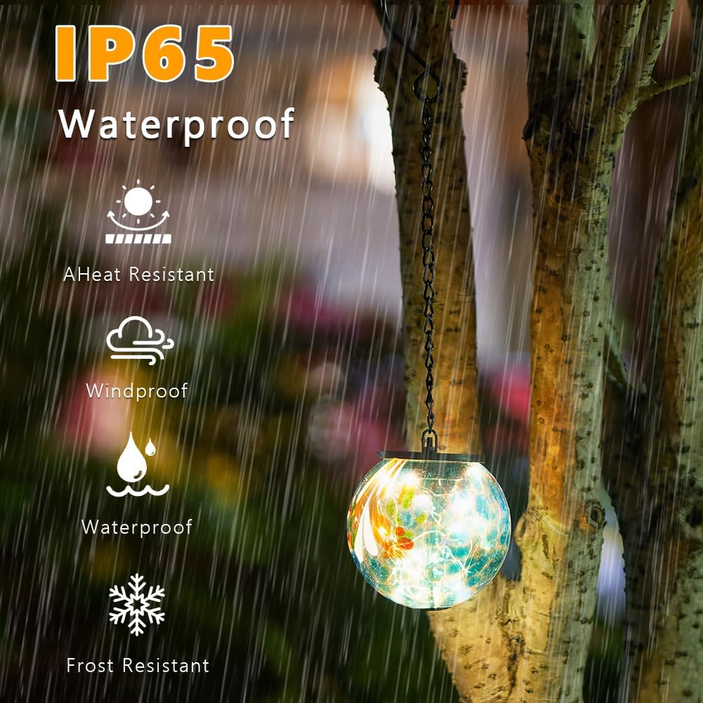 Solar Hanging Lanterns Outdoor, Solar Glass Gazing Ball Lights, Waterproof Led Globe Light for Garden Yard Tree Party Decorations, Colorful Dot