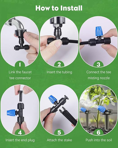 Pawfly 50ft Mist Drip Irrigation Kit - Quick-Connect Drip Irrigation System with 1/4" Tubing, Adjustable Misting Nozzles & Drip Irrigation Parts for Greenhouse, Lawn, Patio and Raised Beds