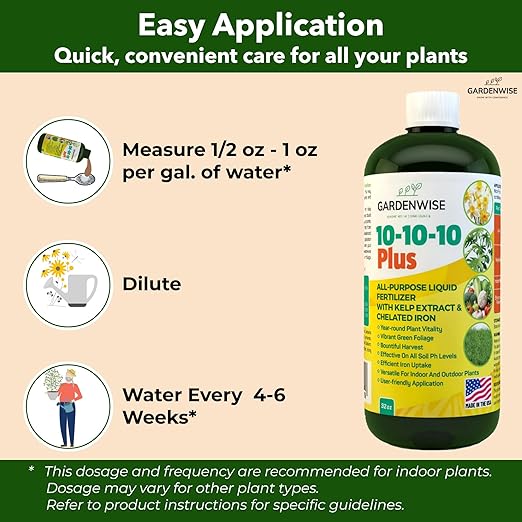 10-10-10 All Purpose Plant Food - Liquid Fertilizer with Seaweed Kelp & Iron - Indoor & Outdoor Plant Food, Vegetables, Flowers, Lawn & Garden 1x8oz
