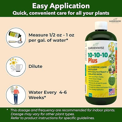 10-10-10 All Purpose Plant Food - Liquid Fertilizer with Seaweed Kelp & Iron - Indoor & Outdoor Plant Food, Vegetables, Flowers, Lawn & Garden 1x8oz