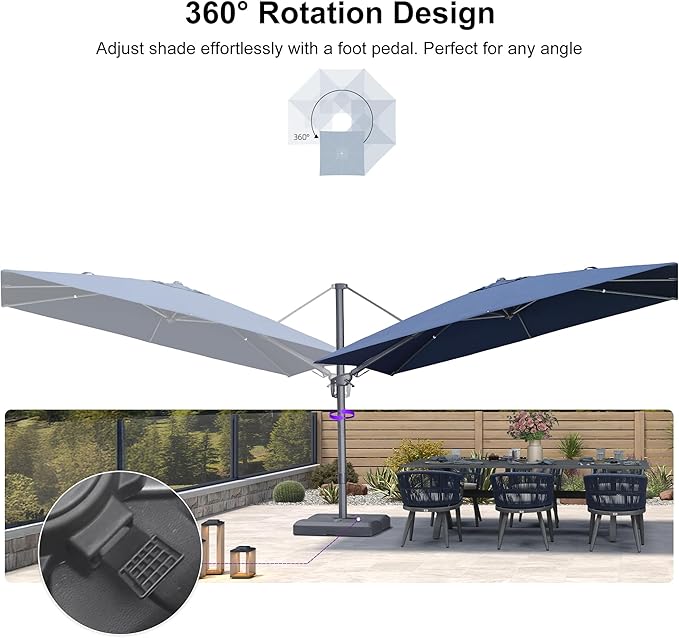 PURPLE LEAF 11' X 8' Swivel Outdoor Patio Aluminum Umbrella with Base Left-right Tilting Cantilever Offset Umbrella with UV Resistant Heavy Duty Fabric for Deck Pool Patio Backyard, Ocean Slate