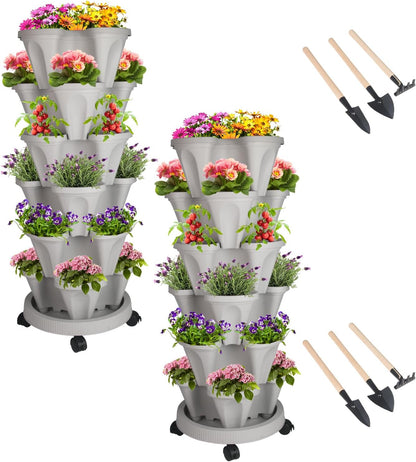 DUNCHATY Stackable Planter, Vertical Garden Planter with Wheels and Tools, Self Watering Strawberry Planter Indoor/Outdoor 6 Tier Herb Planter Pots for Growing Vegetables and Succulents,Gray