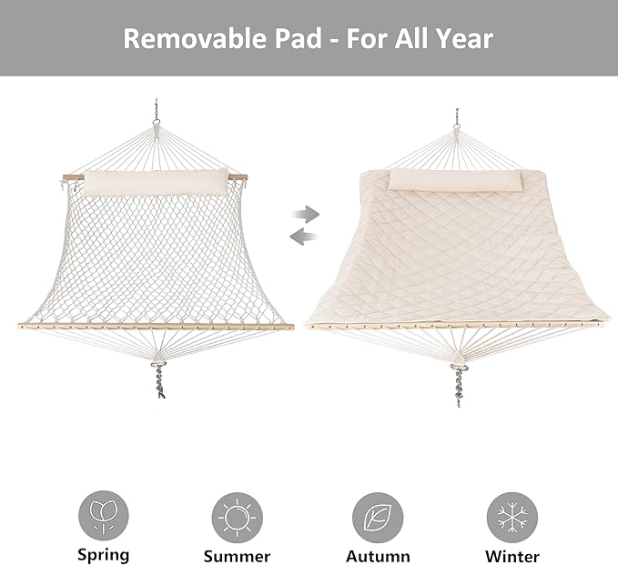 ANOW Outdoor Rope Hammock with Spreader Bars, Heavy Duty Hammock with Pad for Outdoors, 450 LBS Weight Capacity, Cream