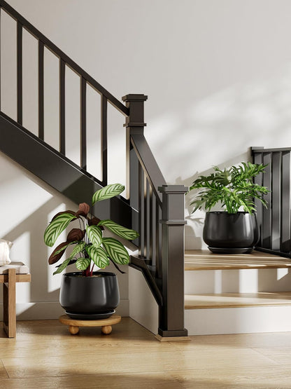 LE TAUCI Ceramic Planter, 10 Inch Plant Pot with Drainage Hole & Saucer – Durable Indoor Planter for Modern Home Decor, Black