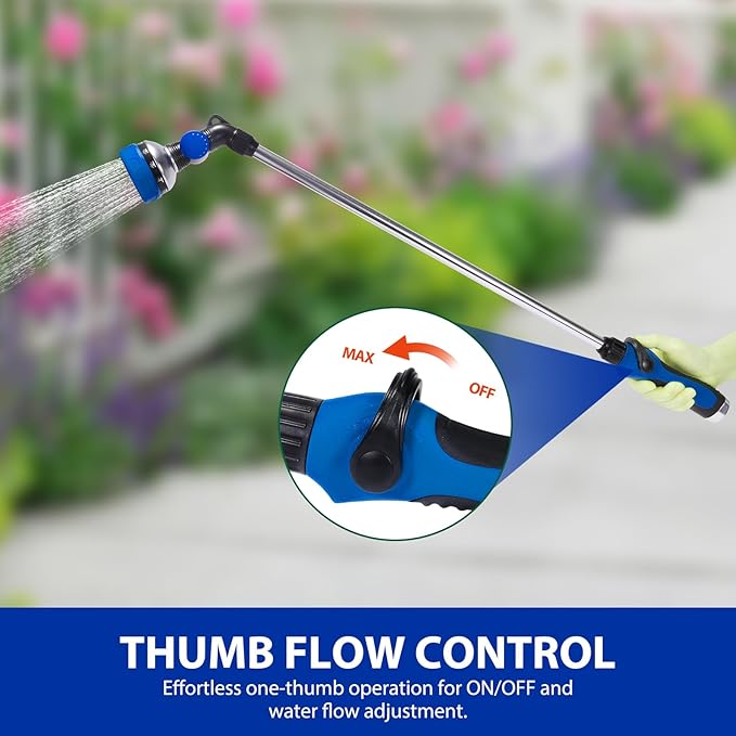 Watering Wand for Garden Hose, 30 Inch, 10 Spray Patterns, Thumb Control Garden Hose Nozzle, Adjustable Water Sprayer with Pivoting Head, Ideal for Hanging Baskets, Plants, and Shrubs, Blue