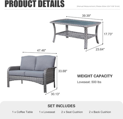 HOOOWOOO Patio Furniture Set,Outdoor High Back Loveseat Set,All Weather Wicker 2-Seater-Sofa Love Seat with Table,Dark Gray
