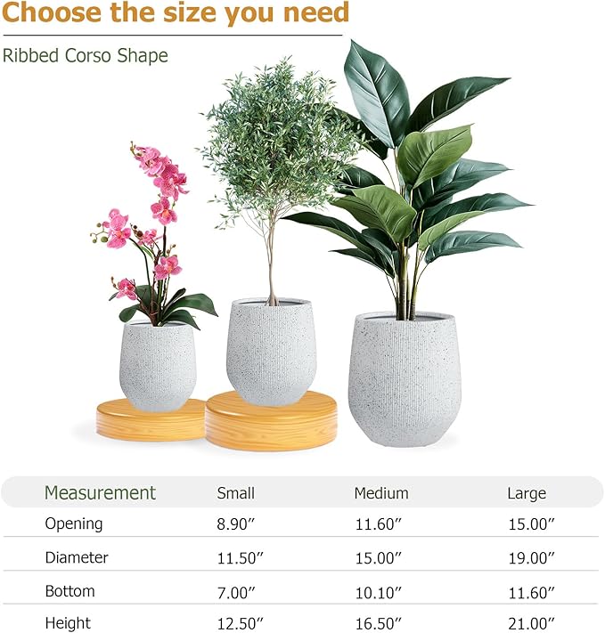 16.5" H x 15" D Ribbed Corso Fiberstone Round Planter with Drainage Hole, Weather Resistant for Indoor and Outdoor Use, Included 2 Extra Coco Mats (Ribbed Speckled White, 11.5" Pot Opening)