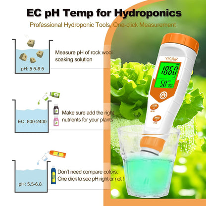Hydroponics EC pH Tester, Simultaneous Display pH ppm for Base Reservoir Water, Continuous Monitoring of pH Conductivity Temp. ppm for Growing Nutrients, Indoor DWC System, Aeroponic Garden