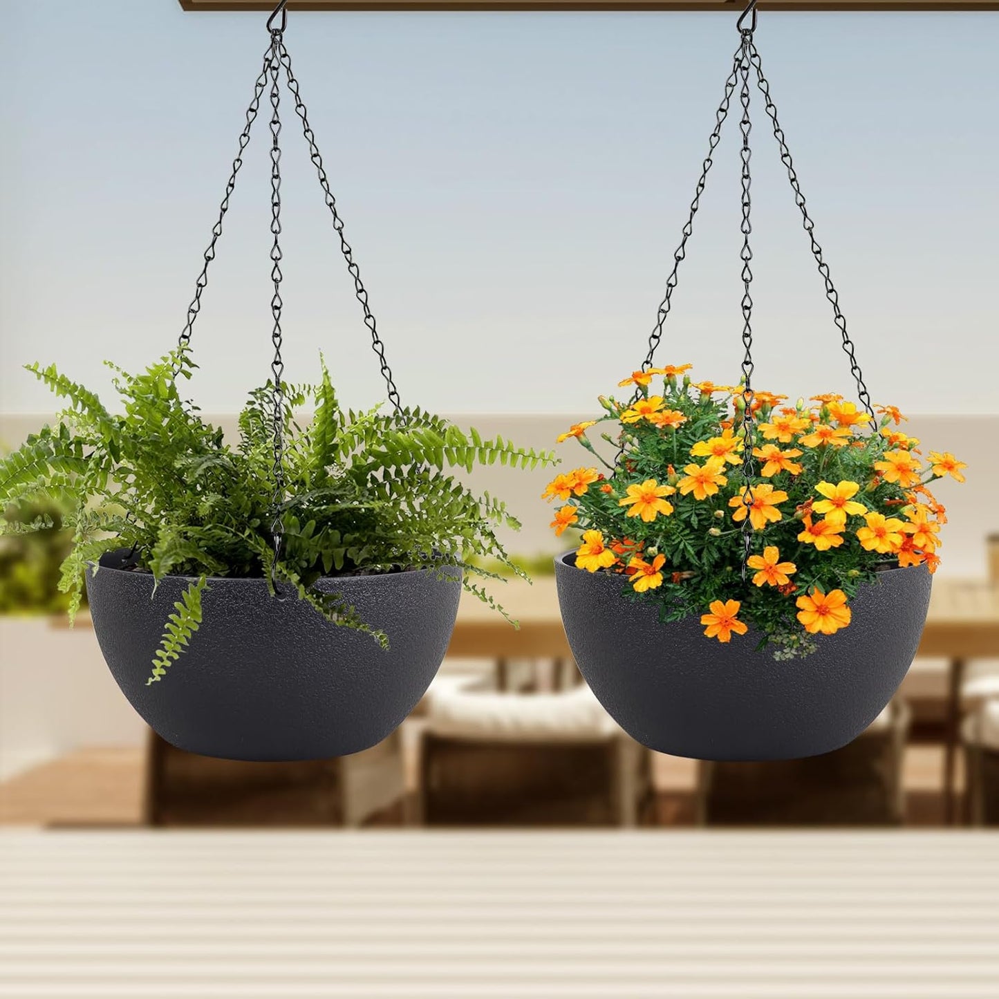 12 inch Large Hanging Planters for Indoor Outdoor Plants, 2 Pack Hanging Flower Pots with Drainage Holes and Chain for Garden Porch Plants, Plastic Hanging Baskets for House Plants, Black