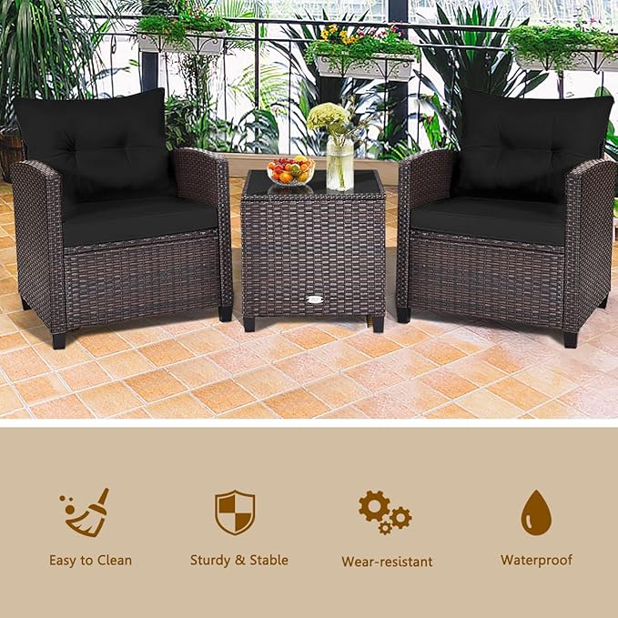 RELAX4LIFE 3 Piece Patio Furniture Set, Wicker Bistro Conversation Set w/ 2 Cushioned Armchairs & Glass Topped Table, Outdoor Rattan Sofa Set Patio Furniture for Porch Balcony Poolside (Black)