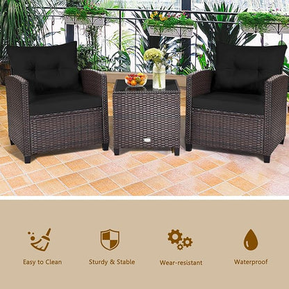 KOTEK 3 Piece Patio Furniture Set, Outdoor Conversation Set with Washable Cushions & Tempered Glass Tabletop, PE Rattan Wicker Bistro Set for Porch, Garden, Balcony (Black)
