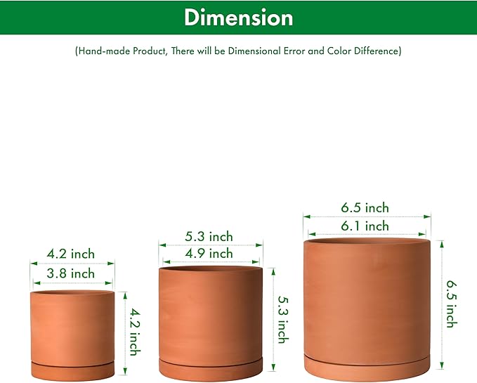 D'vine Dev Terracotta Pots for Plants, 4.2 Inch 5.3 Inch 6.5 Inch, Succulent Planter Pot with Drainage and Saucer, 40-T-A-0