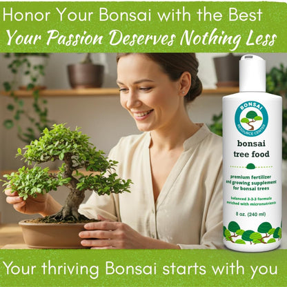 Bonsai Tree Food | Premium, Gentle Liquid Fertilizer for Healthy Growth, Strong Stems and Beautiful Blooms | 3-3-3 Balanced NPK Concentrate | Made in USA | 8 oz (240 ml)