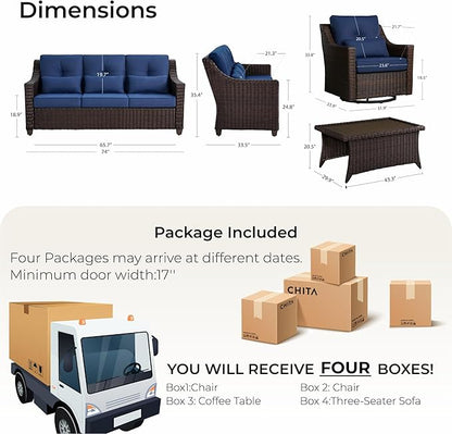 CHITA 4 Pieces Wicker Patio Furniture Set, Outdoor Conversation Set with 2 Pieces Rattan Rocking Swivel Chairs, 3-Seater Sofa, Coffe Table