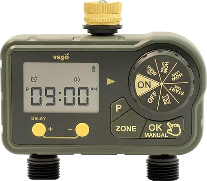 Vego 2 Zone Sprinkler Timer with Brass Inlet- Watering Timer for Garden Hose with Dual Channel Programmable Rain Delay/Manual Watering/Automatic Irrigation - Water Hose Timer for Yard Lawn