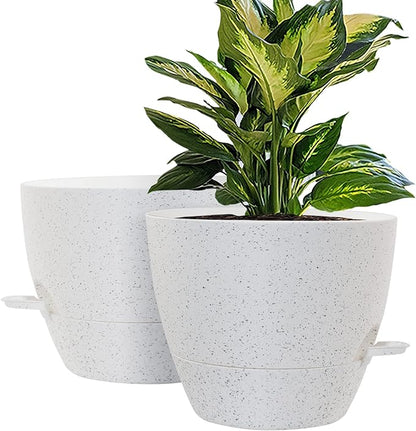 WOUSIWER 10 inch Self Watering Planters, 2 Pack Large Plastic Plant Pots with Deep Reservior and High Drainage Holes for Indoor Outdoor Plants and Flowers, Speckled White