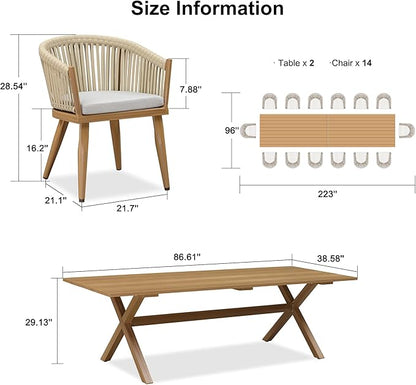 PURPLE LEAF 16 Pieces Outdoor Dining Set with Patio Aluminium Dining Table and Wicker Chairs Modern Furniture Cushions Sets for Backyard Indoor Decor Kitchen Teak