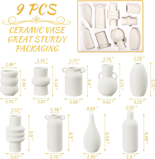 Ceramic Vase for Decor, White Boho Ceramic Vase in Bulk Small Boho Vases Set for Home Modern Minimalist Farmhouse Decoration White Bud Vases for Shelf Decor, Table, Bookshelf (Set of 9)